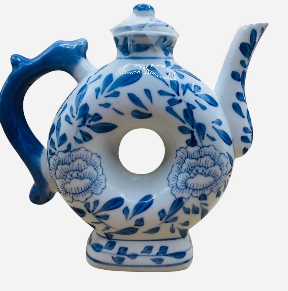 Vintage Blue and White Porcelain Donut Shape Teapot 7”